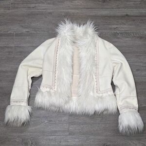Bebe Faux Fur Trim Faux Suede Jacket Sz M Very Penny Lane Y2K Style Cream